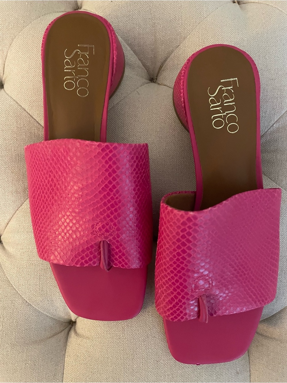 Franco Sarto Hot Pink Snake-Print Slide Mules